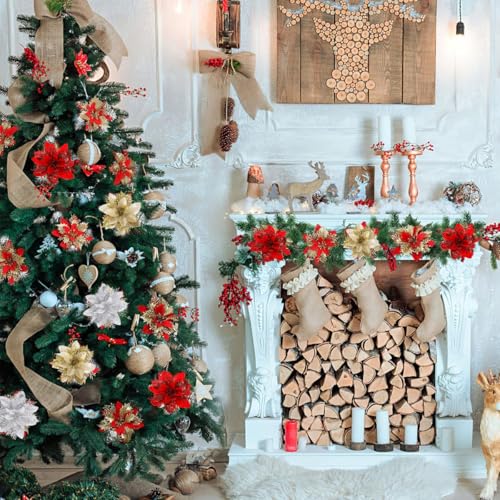 HASTHIP® 24PCS Christmas Poinsettias 5.5 inches Glittering Artificial 4 Designs Golden Red Flowers Home Decor HASTHIP® 24PCS Christmas Poinsettias 5.5 inches Glittering Artificial 4 Designs Golden Red Flowers Home Decor